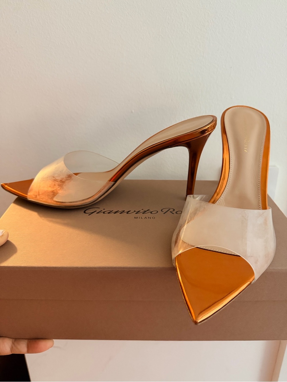NEW in box! Gianvito Rossi Metallic Orange Pointed Toe Mules with Clear Strap